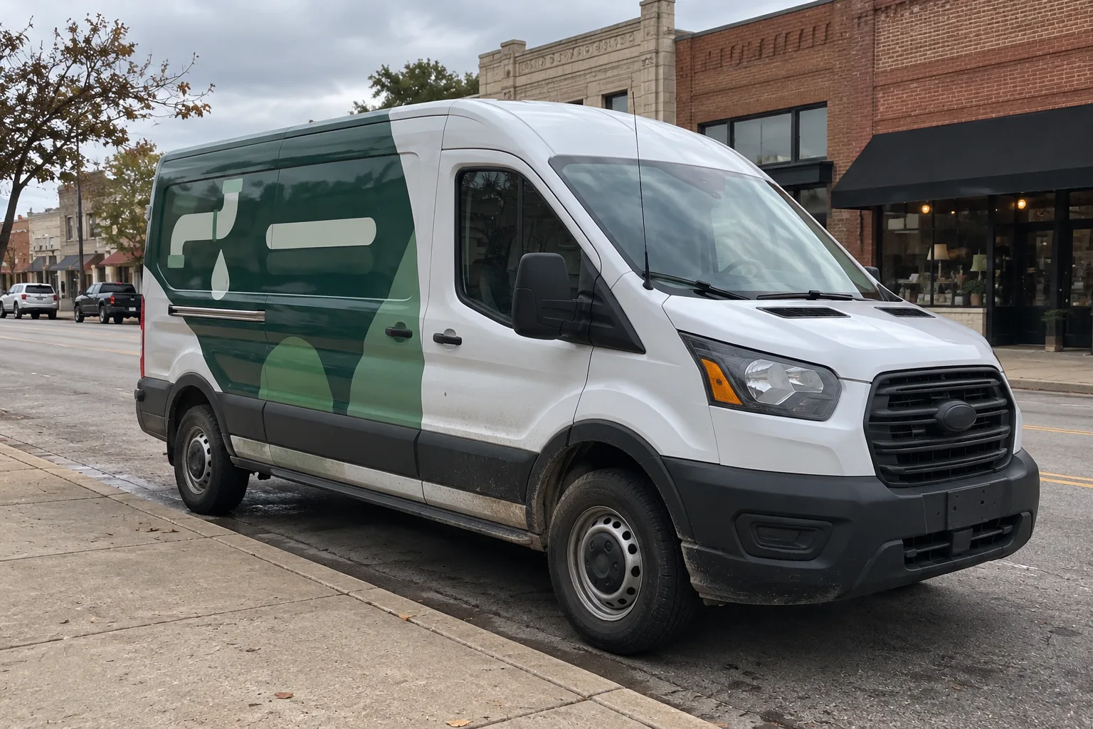 White Ford Transit work van with a dark green partial commercial wrap parked on a small-town Texas street