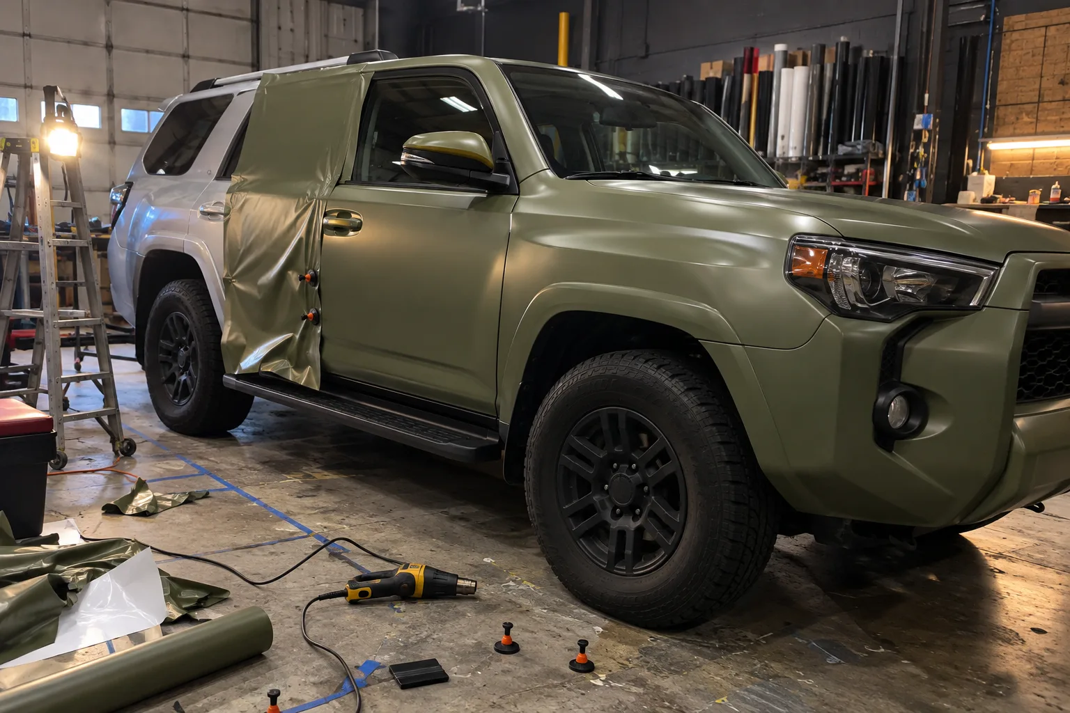 Toyota 4Runner halfway through a satin khaki green colour change inside a wrap shop bay